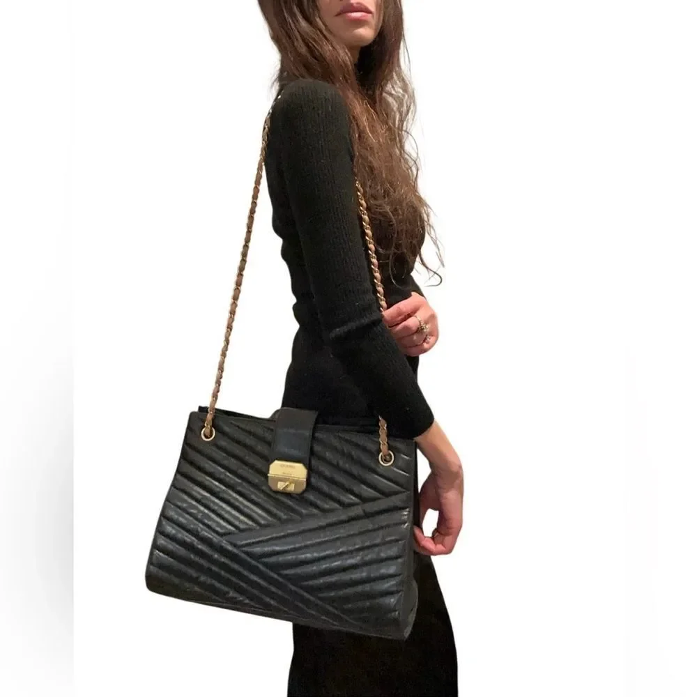 CHANEL Black Quilted Tote with Gold Chain